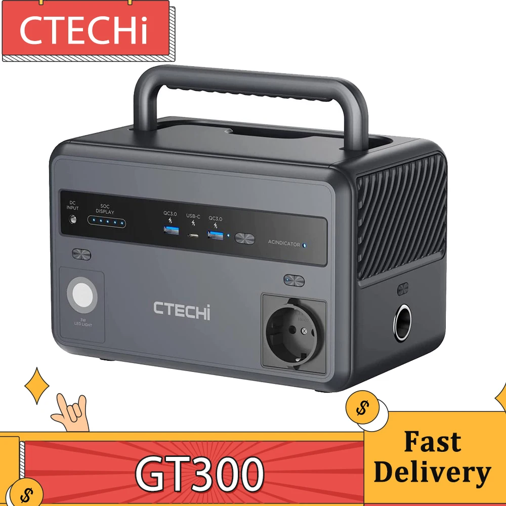 Ctechi Gt300 Centrale Elettrica Portatile Da 300W, Generatori Solari A Batteria Lifepo4 Da 299Wh, 5 Uscite, Regolatore Mppt Integrato