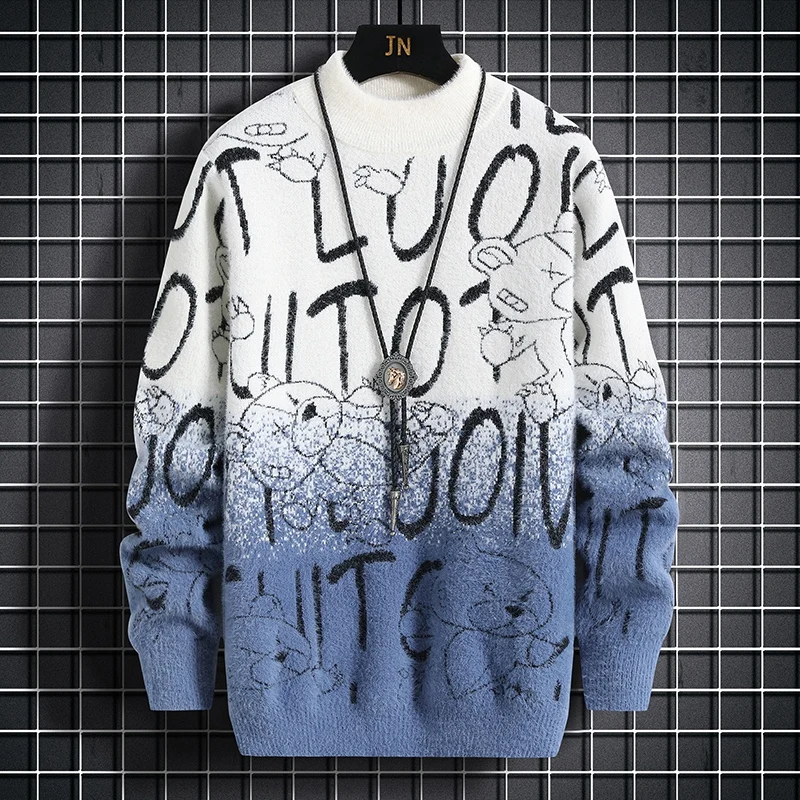 Harajuku Sweater Men's Y2K Knitted Letter Printing Sweater Men's Wool Pullover Men's Retro Knitted Color Block Tops 3