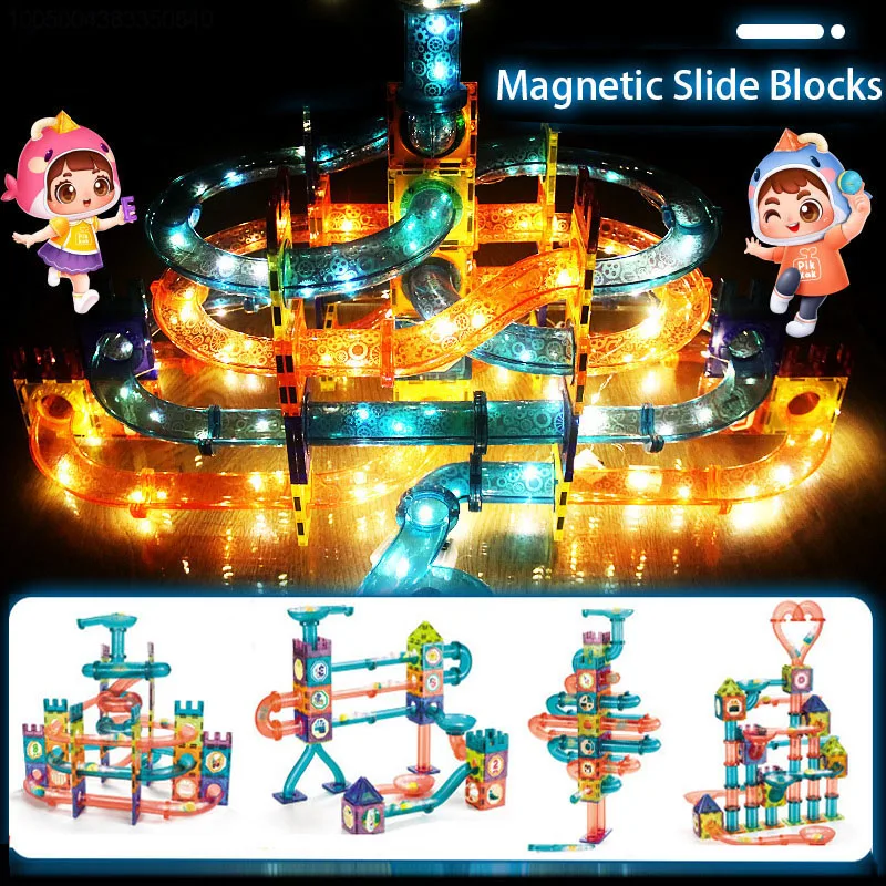 Magnetic building blocks Magnetic assembly toy Magnetic alphabet toys LED Magnetic Blocks Track Building Brick Bead Ball Children Toys Construction Competition Running Pipeline Building Blocks