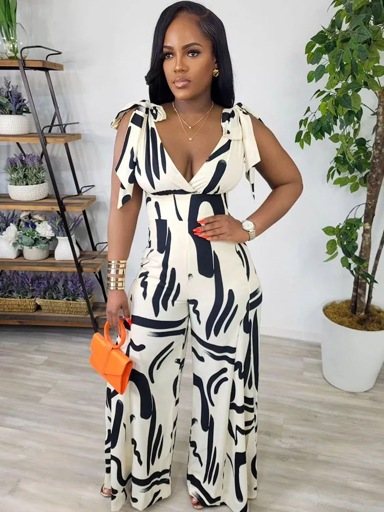 

Sexy Bandage V-neck Printing Loose Wide Leg Jumpsuit Women High Waist Backless Straight Romper Summer Elegant One Piece Overalls