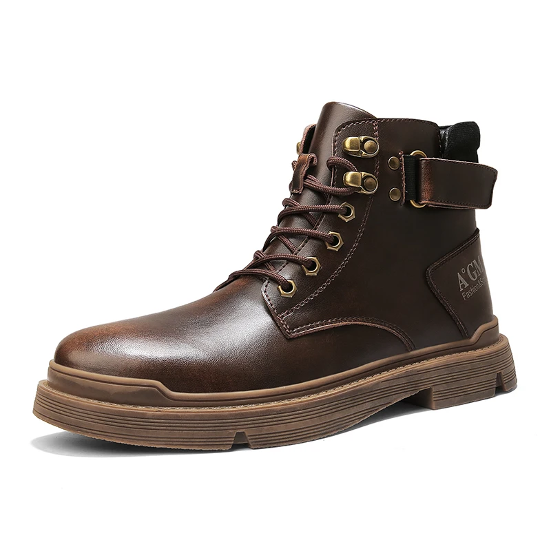

Genuine Leather Men's Winter Boots Lace Up Back Strap Men's Leather Boots With Fur Warming Trend Handmade Men's Military Boots