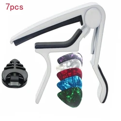 Guitar Capo Set with Picks and Holder - Black & Silver Finish (White Guitar Capo)