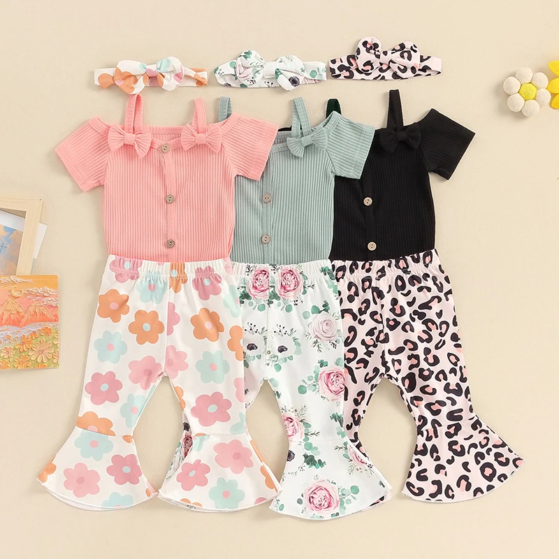 

2024-03-09 Lioraitiin Summer Baby Girls Outfit Short Sleeve Romper with Flower Leopard Print Flare Pants and Bowknot Headband