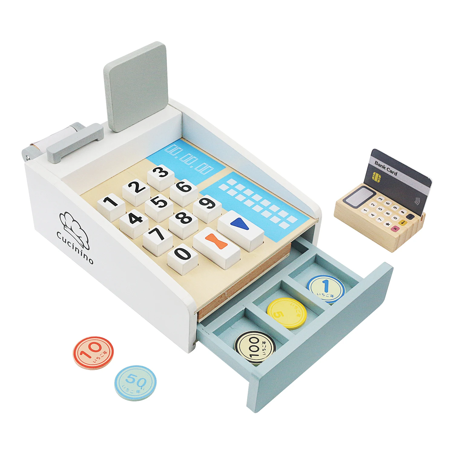 Children's wooden simulation home toys, wooden simulation cash registers, POS machines, bank cards, and parent-child interaction