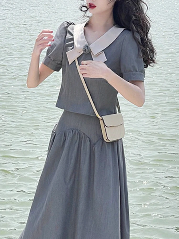 

Bow Causal Office Lady Basic Suit 2023 Summer Solid Y2k 2 Piece Dress Set Women High Waist Slim Short Sleeve Blouse Female Skirt