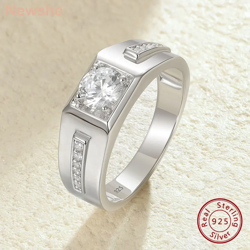 Silver Ring Newshe Men's Wedding Rings 925 Sterling Silver Solitaire Round Cubic Zircon Promise Band Size 8-12