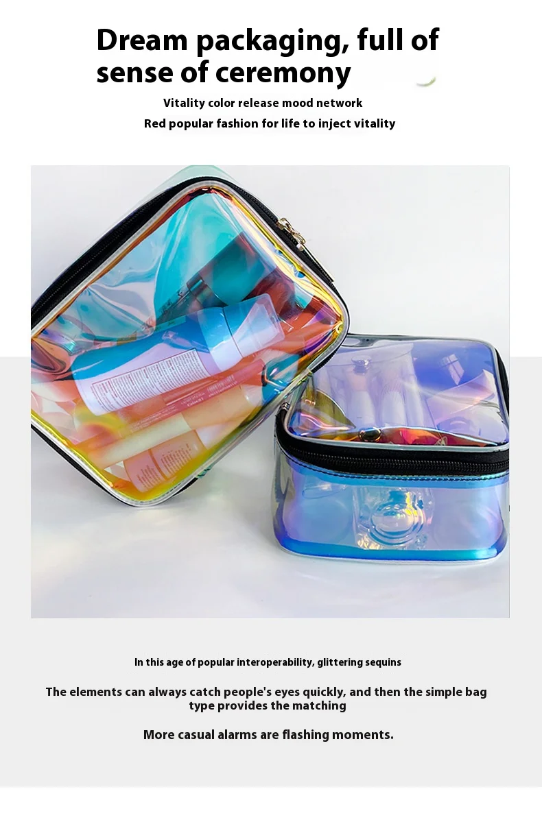 Neuankömmling Klare holografische schillernde Kosmetiktaschen Transparente holografische wasserdichte Reise-Kulturtasche – Detail 6