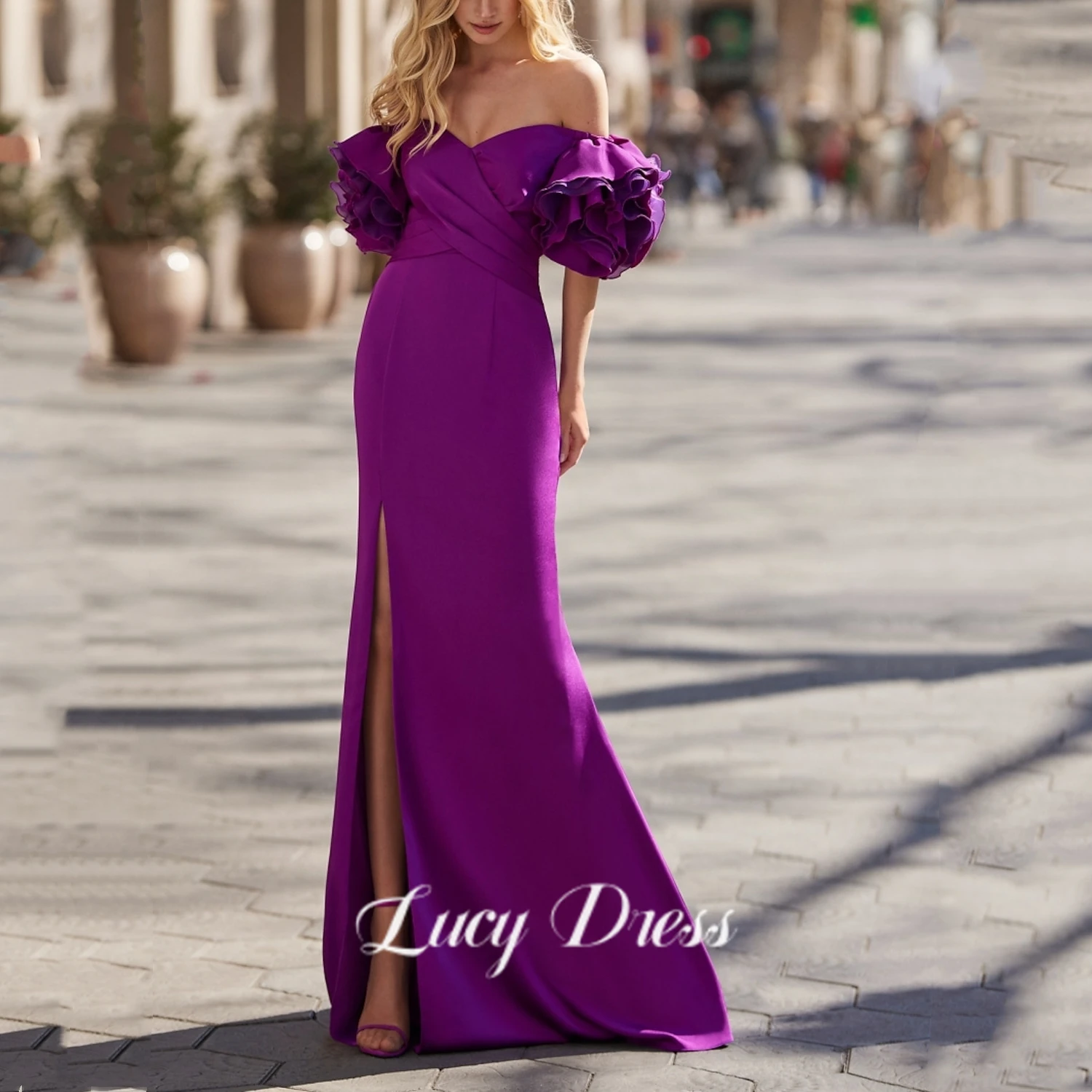 

Lucy Puffed Shoulder Sleeves Quinceanera Dresses for Prom Prom Dresses 2023 Luxury Gown Satin Purple Bridesmaid Dress Evening