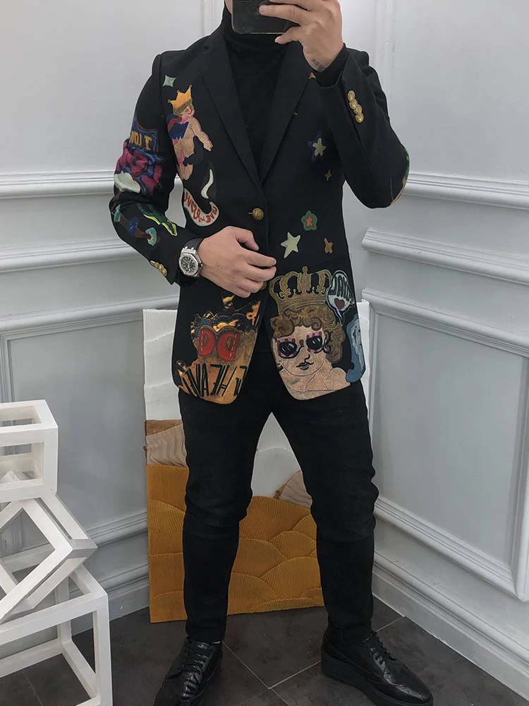 Groom Wedding Party Colorful Floral Printed Casual Blazer Men Slim Fit Single Breasted Suit Coat Office Work Cargo Woolen Jacket