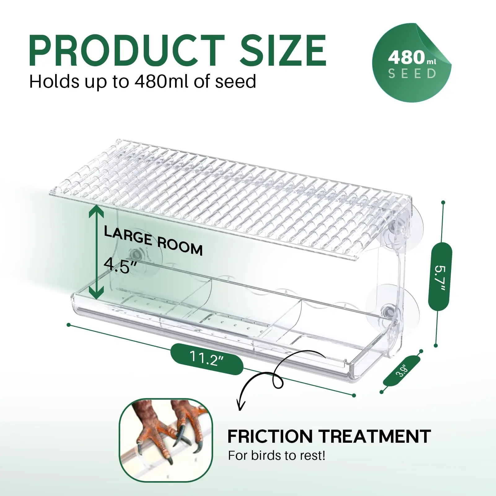 Bird Feeder Window Viewing Bird Feeder with 3 Section Tray and Roof Cover Outdoor Suction Cup Hanger Clear Plastic