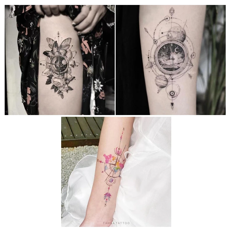 

3pc Time Compass Tatuajes Temporales Tattoo Stickers Planet Waterproof Male and Female Flower Arm Butterfly Art Faux Tatouage
