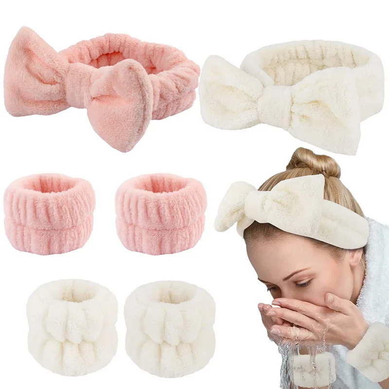 Women's Soft Bow Headband and Wrist Towels Set