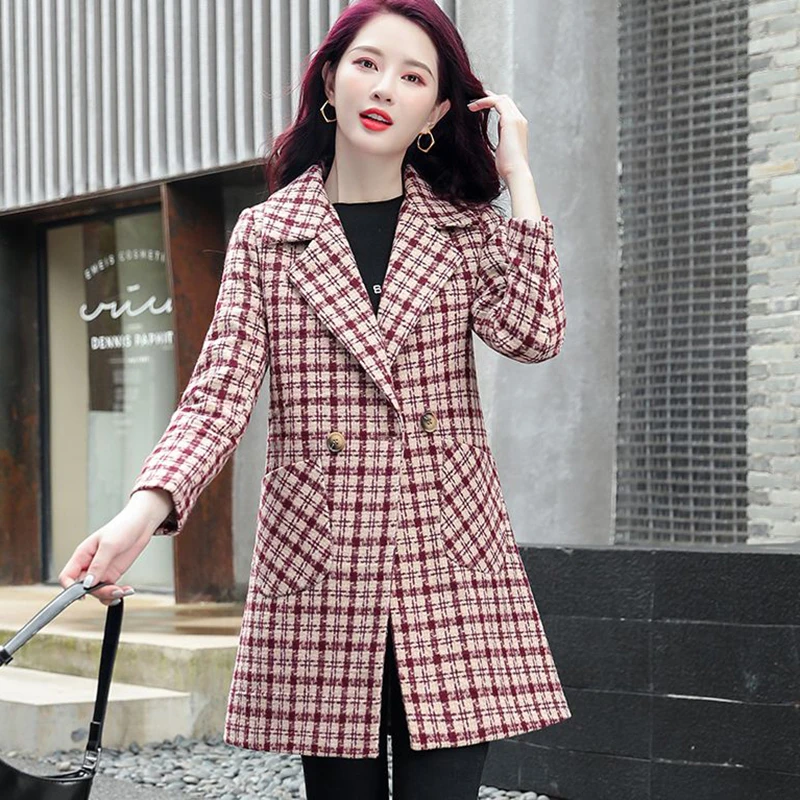 

Autumn Winter New Women's Plaid Woolen Coat Long Korean Slim Trench Coats Add Cotton Female Casual Woolen Jacket Double-Breasted