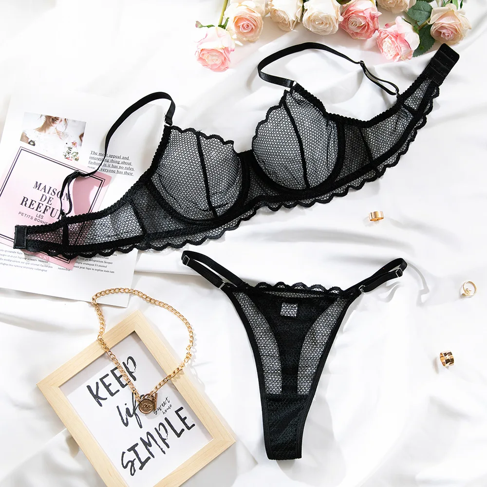 Kleines Lochmuster-BH-Set mit Stahlring, atmungsaktive, transparente Dessous für Damen, heiße Sommer-Push-up-Unterwäsche – Detail 22
