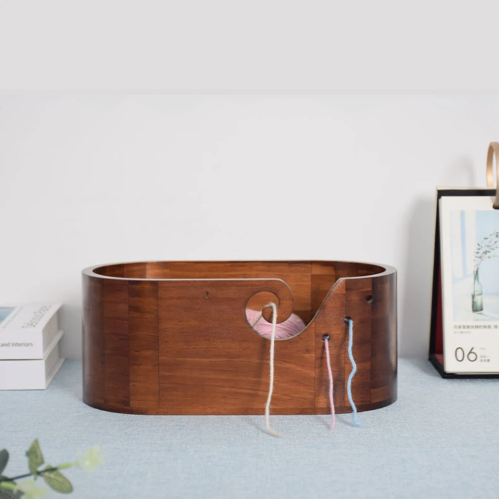 Wooden Yarn Bowl Large Size for Yarn skeins Oval Wooden Bowl Carved Holes Crochet Hook Rests Portable Knitting Yarn Holder