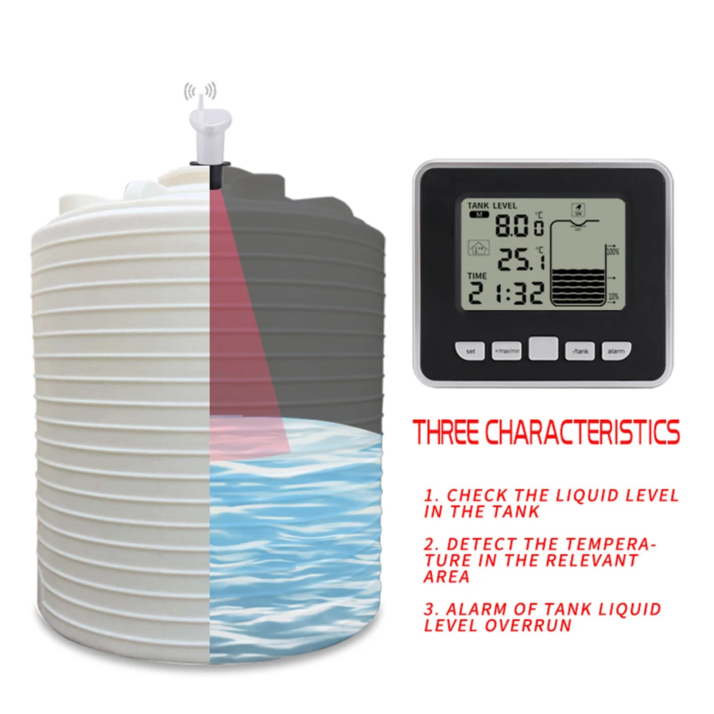 Water Level Meter Ultrasonic Wireless with Temperature Sensor Level Monitor Time Display Low Battery Indicator Alarm