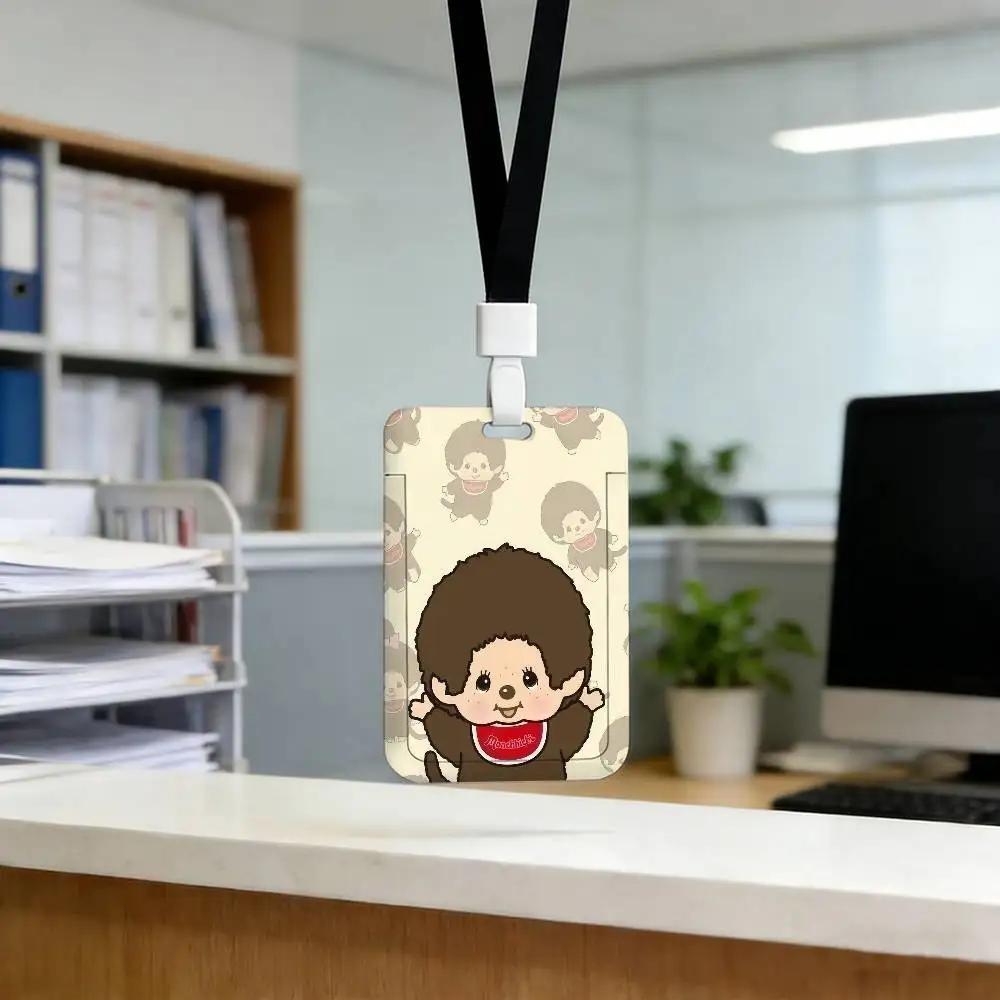 귀여운 M-Monchhichi 카드홀더가 있는 휴대용 목걸이 스트랩, 포토카드 및 교통카드에 적합, 가벼운 카드홀더