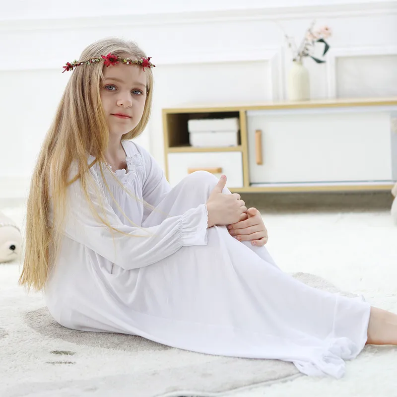 Girls Nightgown Long Sleeve White Pajamas Dress Palace Princess Nightdress Night Wear for Kids Girl Pijamas clothing