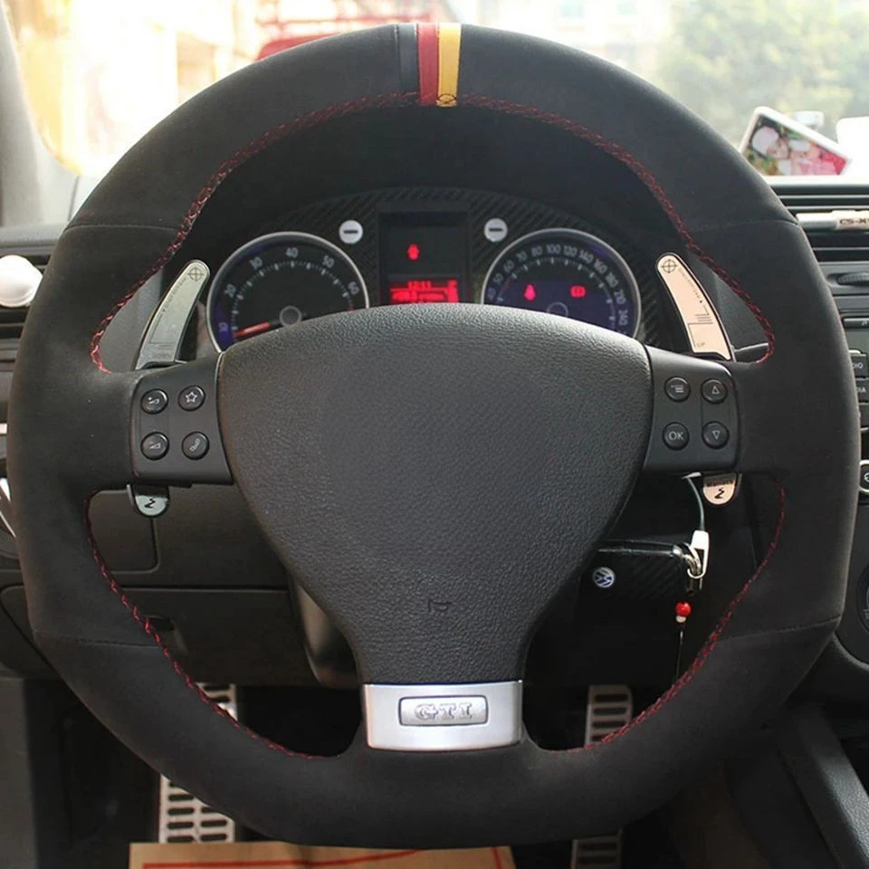 Hand-genäht Schwarz Echtes Leder Wildleder Auto Lenkrad Abdeckung Für Volkswagen Golf 5 Mk5 GTI VW Golf 5 r32 Passat R GT 2005 – Detail 1