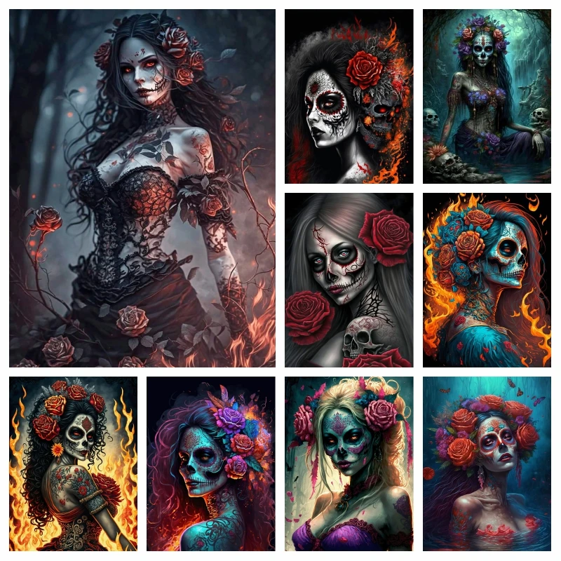 

Horror Sugar Skull Gothic Woman Diamond Painting Crystal Halloween Skeleton Girl Dark Art Cross Stith Kits Mosaic Home Decor