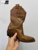 Vintage Boots Women Embroidery Mid Calf High Top Shoes Horsehide Genuine Leather Pointed Toe Western Boots Slip On Block Heels