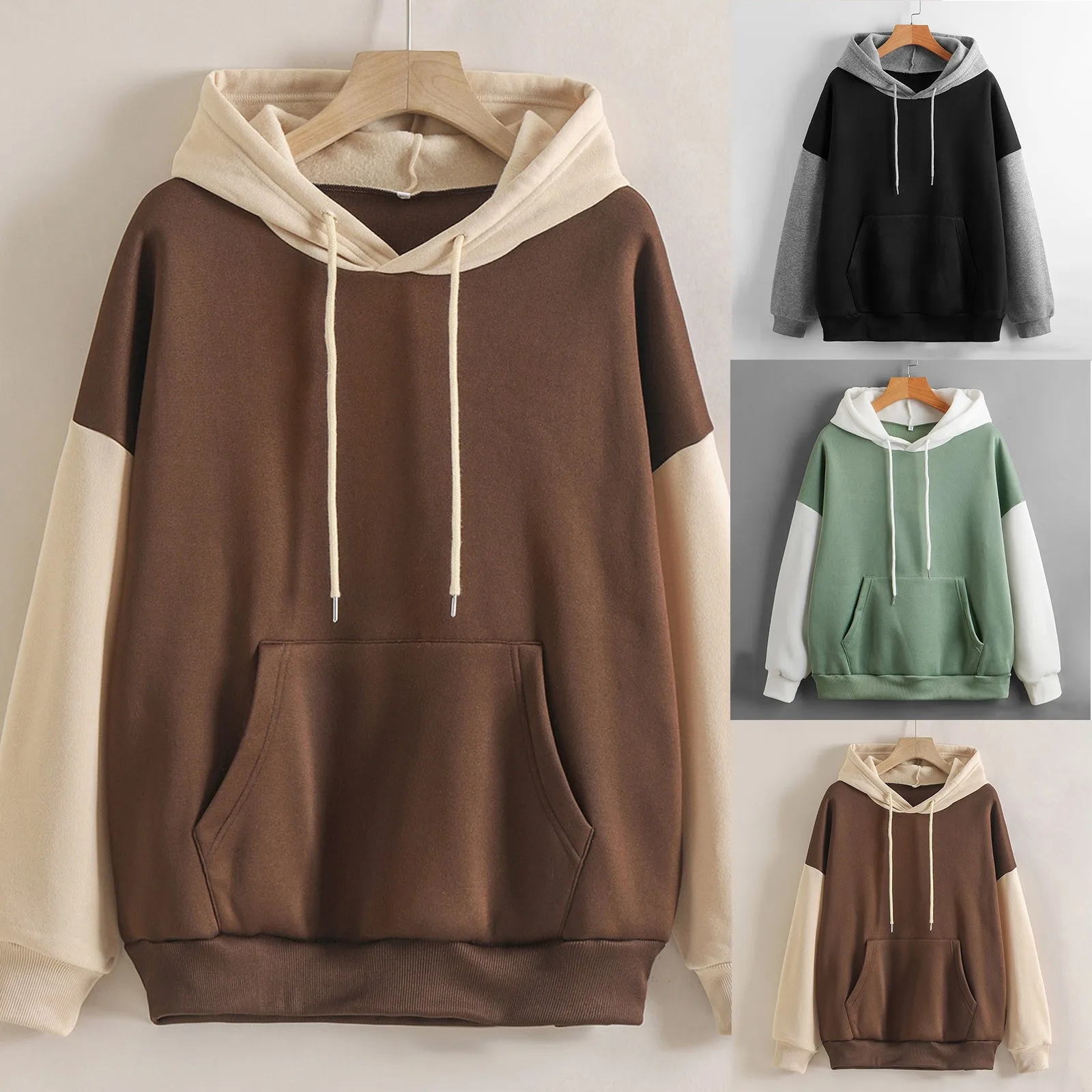 

Long Sleeve Splice Hooded Sweatshirt Harajuku Patchwork Loose Casual Pullover Oversized Hoodies Big Pockets Sports Sweatshirts
