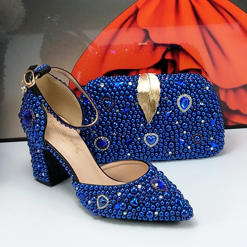 RoyalBlueBrideWeddingshoeswithbagGreenPearlPointedToeSquare