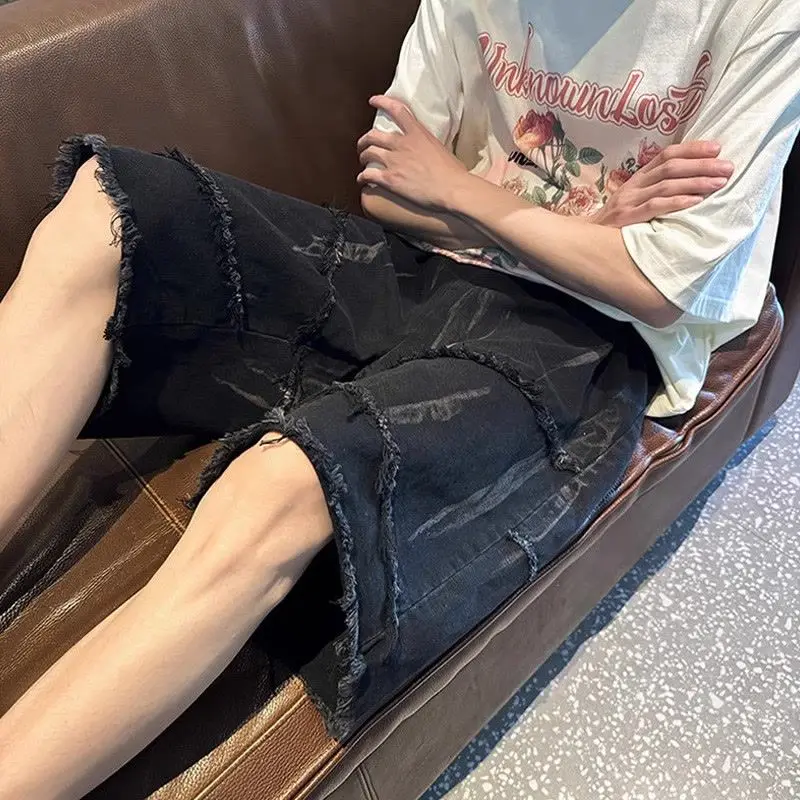 Denim Shorts Summer Jeans Shorts Men's New Loose Straight-leg Tie-dye Design Five-point Denim Shorts