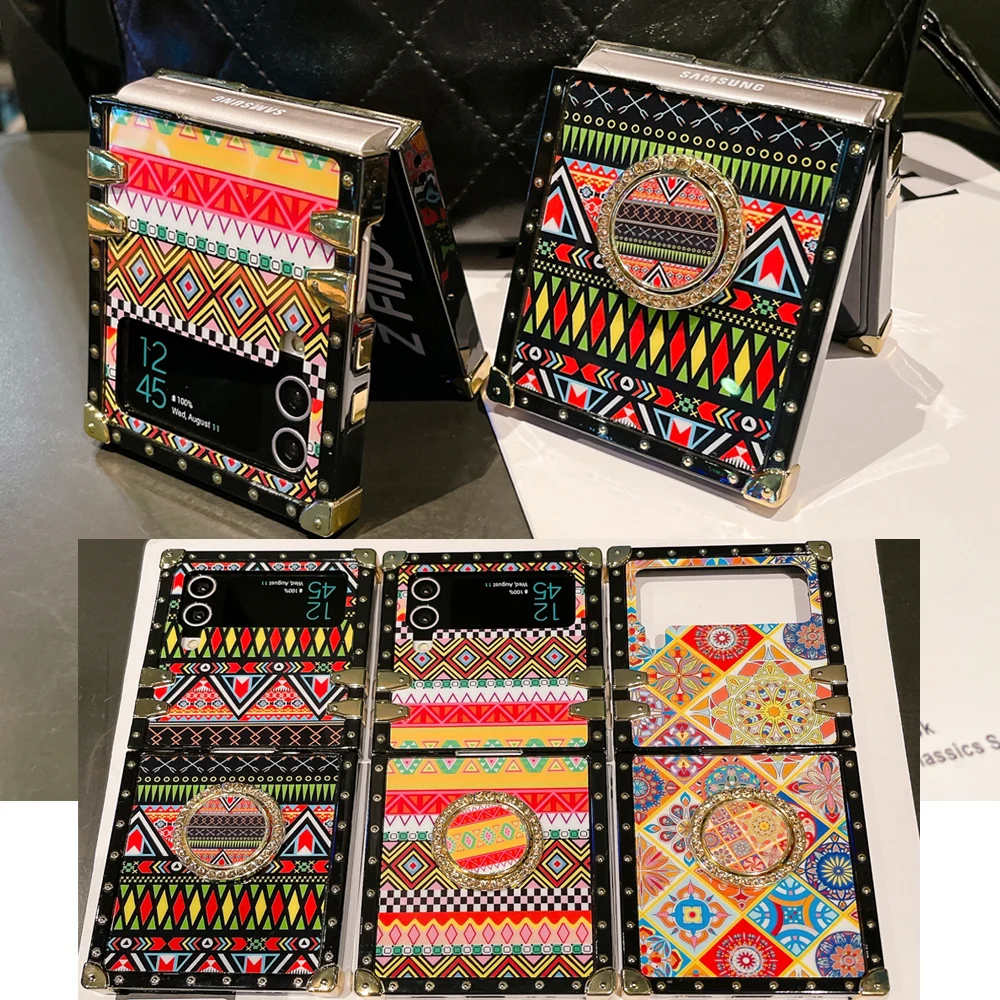 Cover Quadrata Glitterata Per Samsung Galaxy Z Flip 4 Flip 5 Flower Plaid Geometry Pattern Case Per Samsung Galaxy Z Flip 3