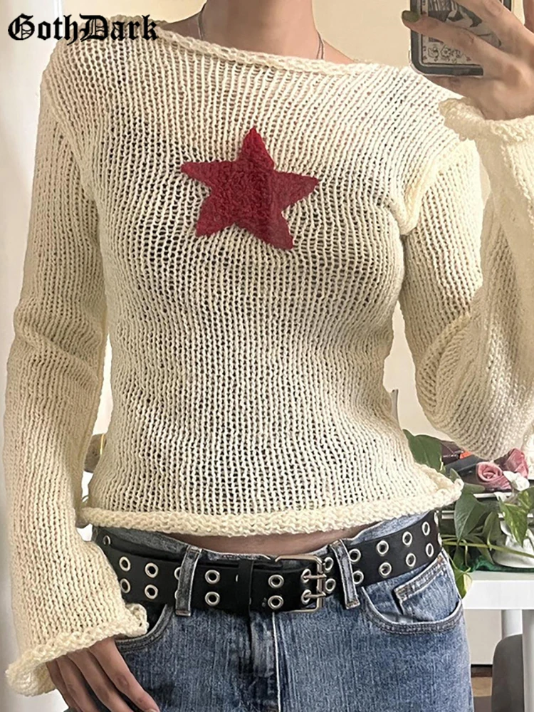 

Goth Dark Grunge Y2k Streetwear Knitted Fashion T-shirts Gothic Star Flocking Sexy Hollow Out Crop Tops Women Casual Winter Tees