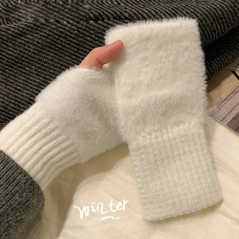 Women's Half Finger Fingerless Warm Gloves Outdoor Stretch Furry Mittens Gifts half finger gloves fingerless gloves warm gloves