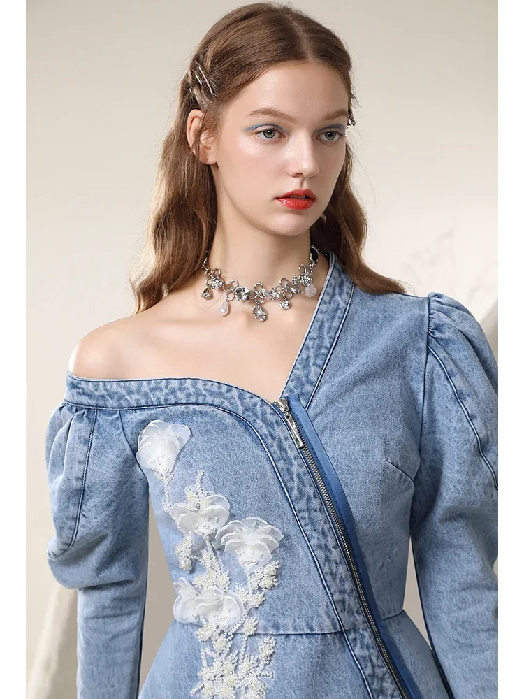 Early Spring 2024 New Irregular Sexy Cold-Shoulder Mesh Flower Famale Dress New Chinese Style Denim A-LINE Women Dresses