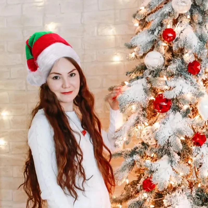Christmas Hat For Adult Kids Thicken Soft Plush Hat Santa Claus Red Green Stripe Cap Merry Christmas New Year Party Decoration