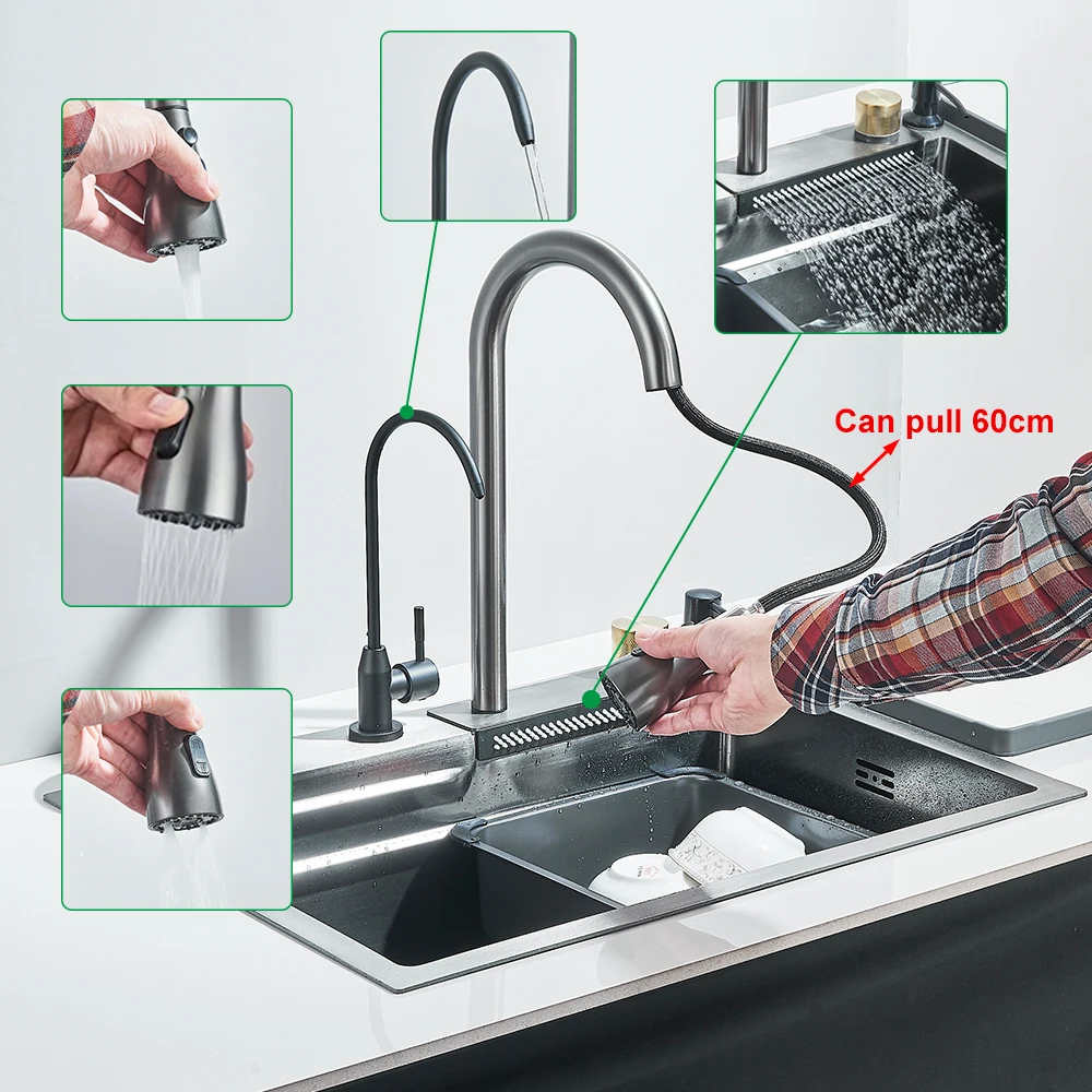 Waterfall Kitchen Sink Large Single basin With Large Single Slot Sink Above Counter With Cup Disher and Soap Dispenser