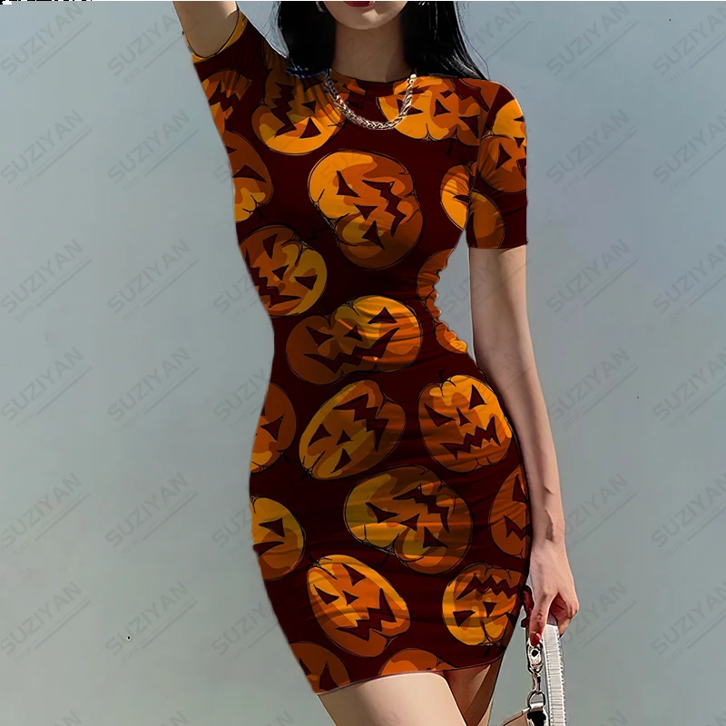 

2023 Summer New Sexy Women's Short Sleeve Round Neck Dress Halloween Pumpkin 3D Print Beach Dress Temperament Casual Fit Dress