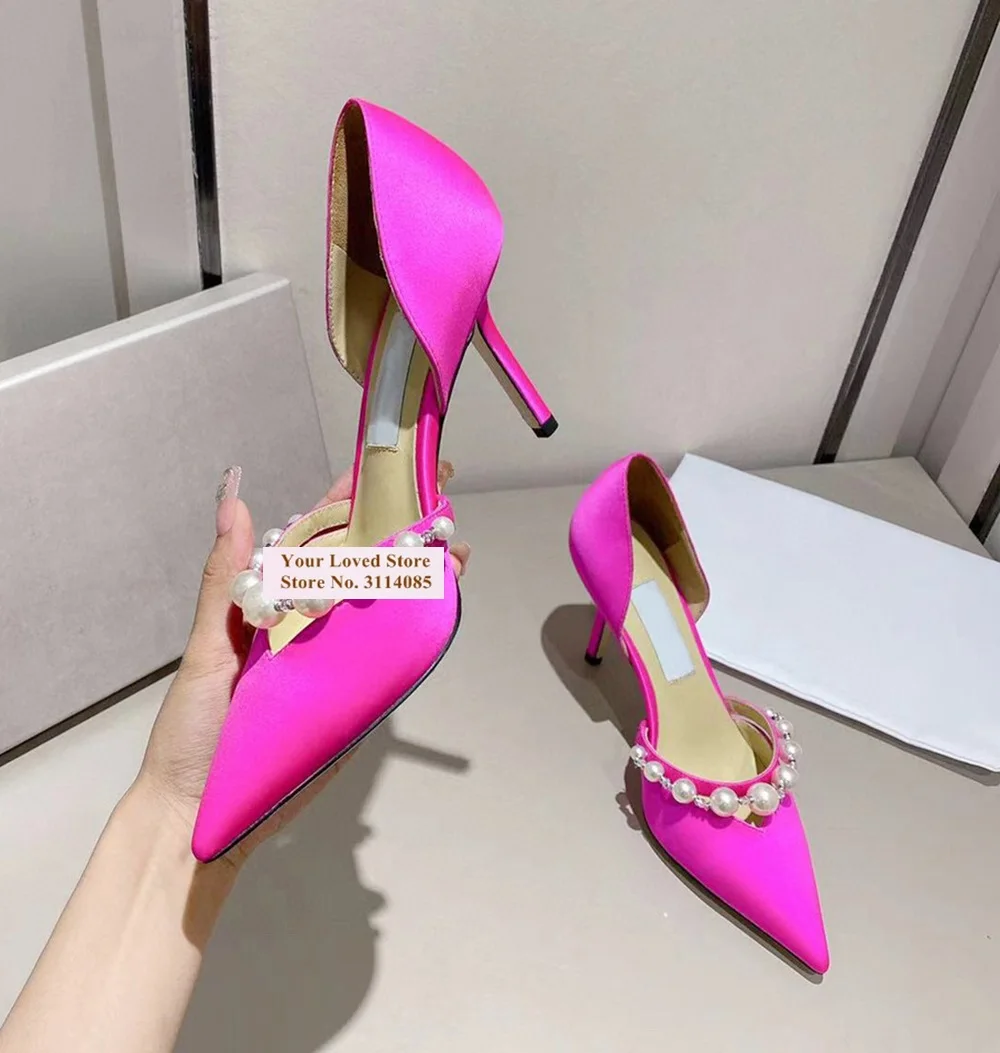 Women Fuchsia Pink Satin White Pearl Chain Strap Wedding Shoes Thin