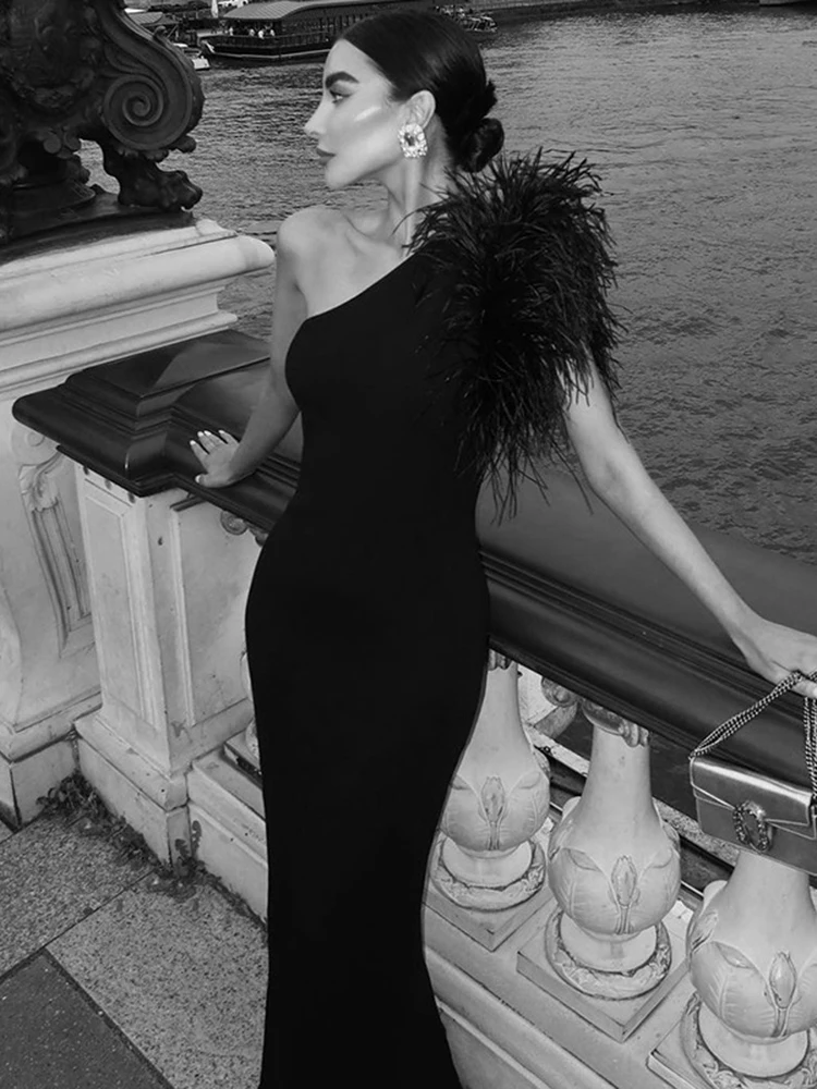 Dulzura Black Sleeveless One Shoulder Feather Maxi Dress For Women Bodycon Sexy Party Elegant Long Dress Birthday Evening Outfit 3