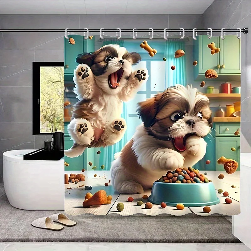 4-częściowy zabawny zestaw zasłon prysznicowych z motywem szczeniąt - kreskówkowy wystrój łazienki dla zwierząt z dywanikami - zmywalna materiałowa zasłona i pokrowiec na deskę sedesową