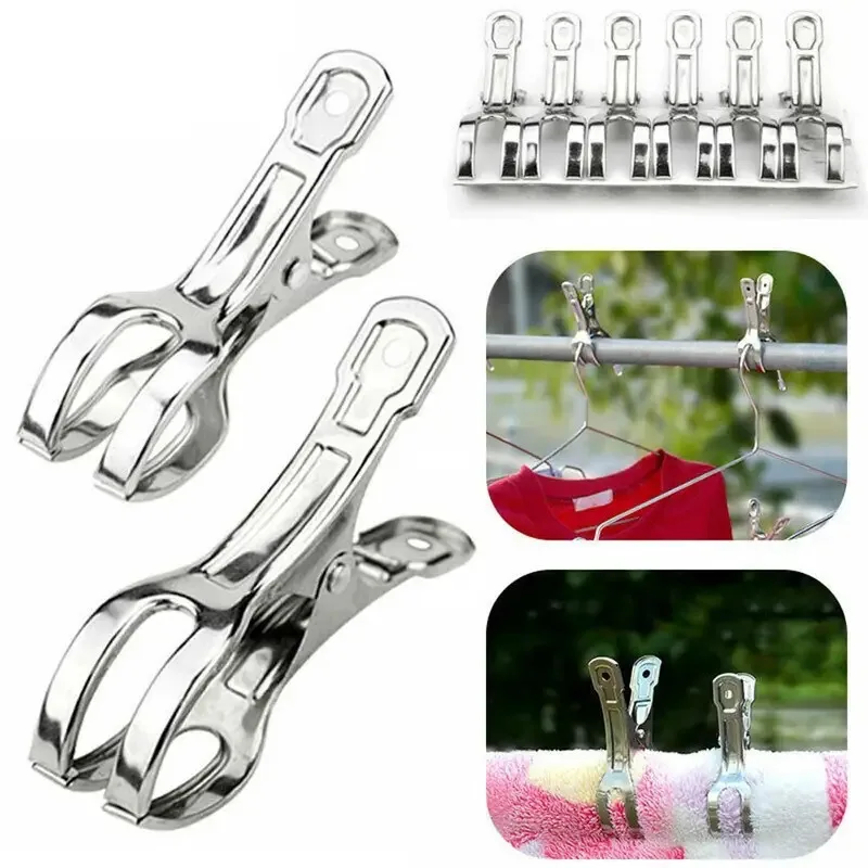 Beach Towel Clips 6PCS 9cm Large Beach Towel Clips Stainless Steel Strong Windproof Clothes Pegs Quilt Hanging Clip Reusable Non-slip Fixed