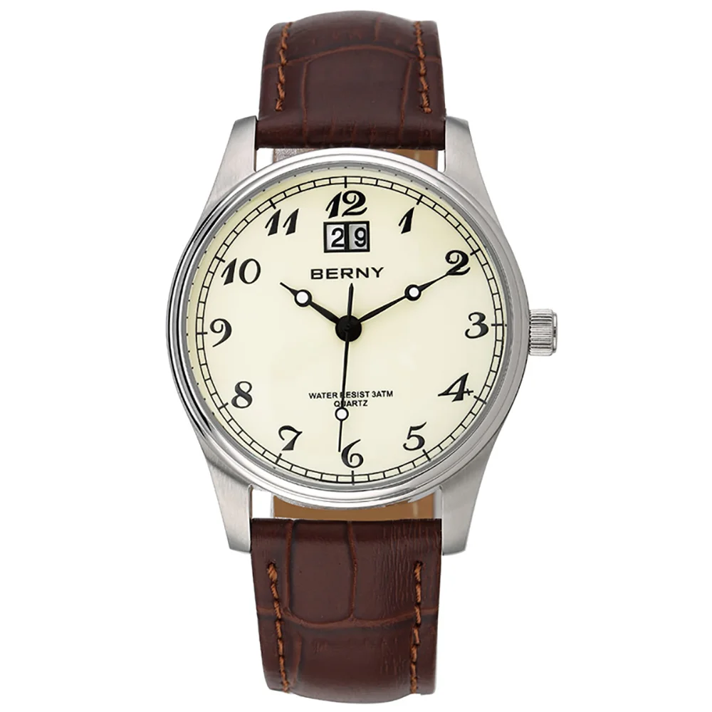 BERNY Men's Classic Dress Quartz Watch BERNY VJ76 Easy Read Analog Soft Leather 3ATM Waterproof Male Date Display Wristwatch