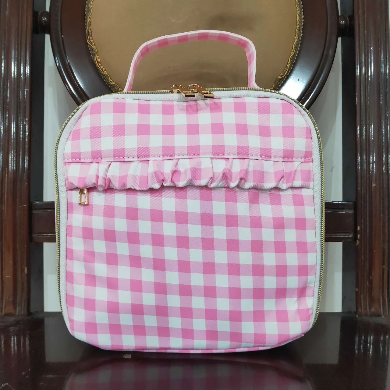 Wholesale Children Back To School Baby Girl Ruffle Lunch Box Travel Daypack Todder Pink Checked Outdoor Portable Kids Zipper Bag 2