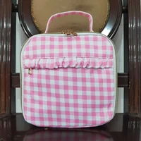 Wholesale Children Back To School Baby Girl Ruffle Lunch Box Travel Daypack Todder Pink Checked Outdoor Portable Kids Zipper Bag 2
