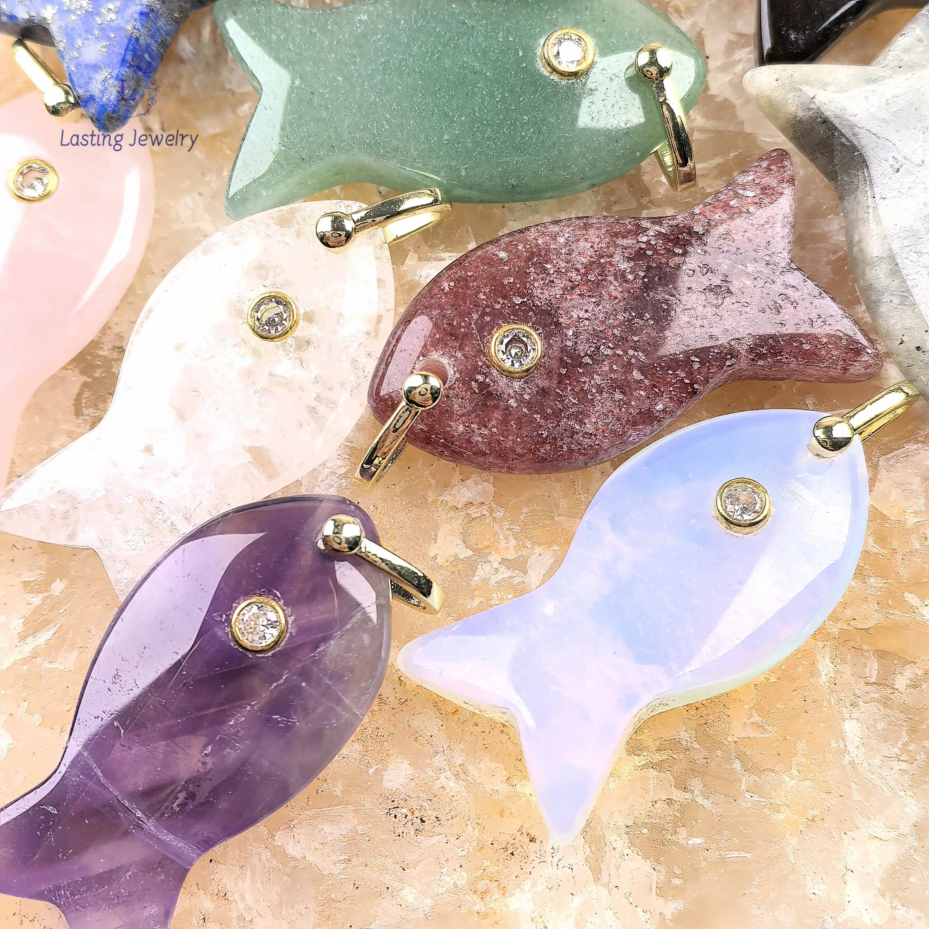 Gemstone With Inlaid Zircon Carved Fish Pendants Reiki Crystal Rose Quartz Lapis Labradorite Charms For Necklace Jewelry Making - 4
