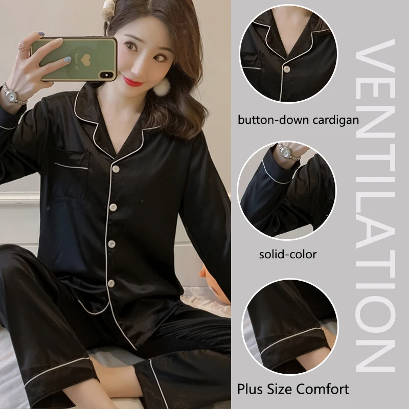 Autumn Winter Women’s Ice Silk Pajama Set Long Sleeve Cardigan 15