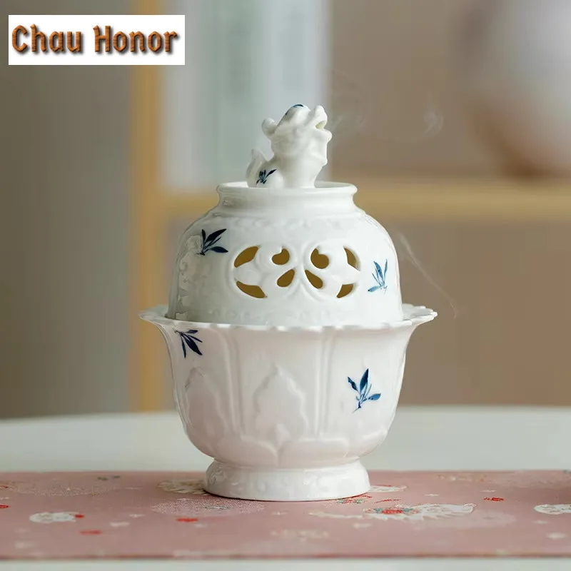Hand-painted Butterfly Orchid Ceramic Fragrance Stove Chinese Censer Burner Holder Zen Incense Plate Sandalwood Teaware Ornament