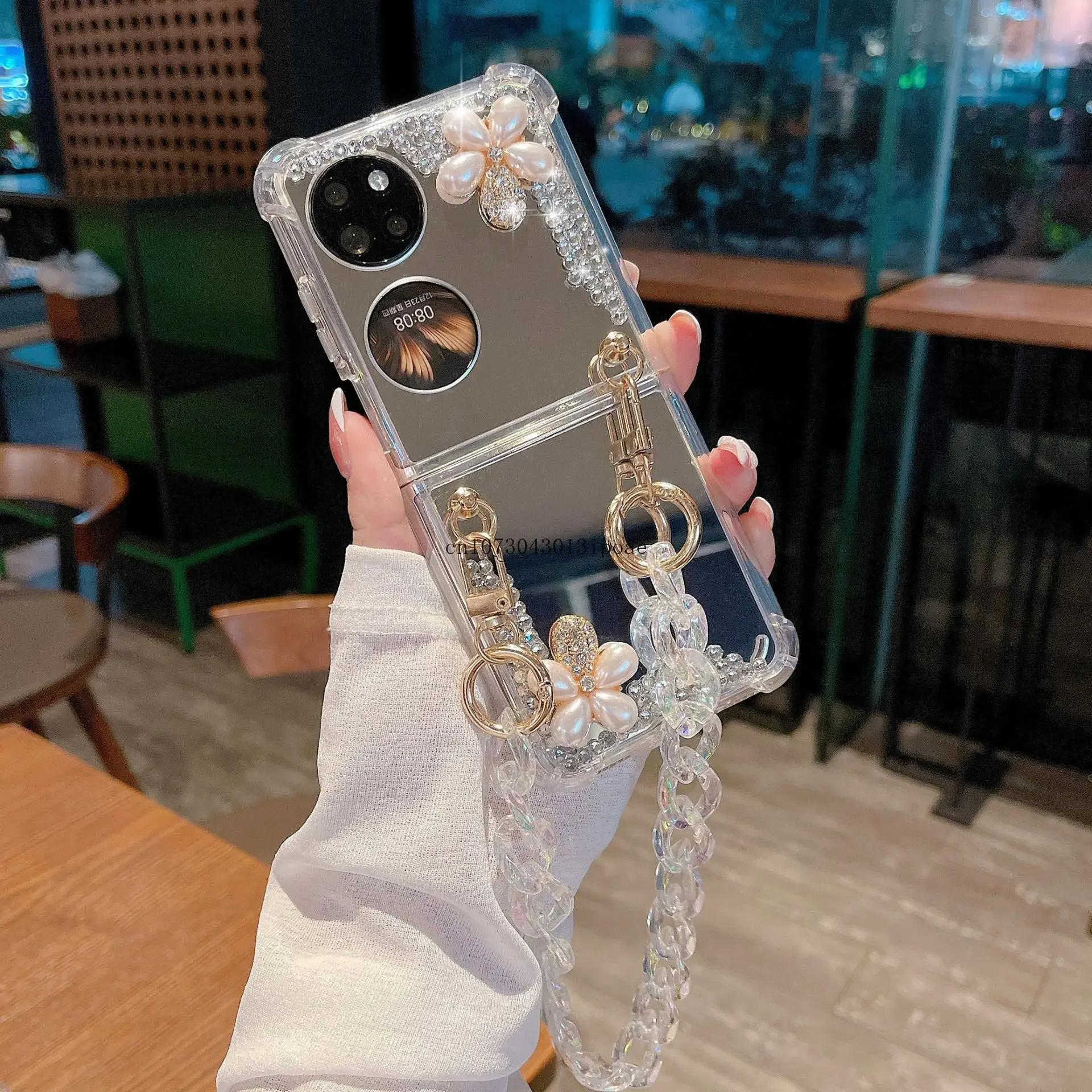 

Suitable for Huawei P50pocket phone case, rhinestone diagonal flower hanging chain, Pocket S mirror full protective case