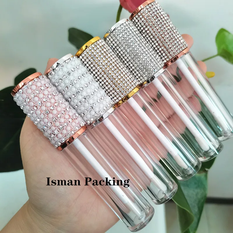 

50Pcs refillable empty luxury popular bling diamond lipgloss cosmetic packaging glitter top lip gloss tubes with rhinestone 5ml