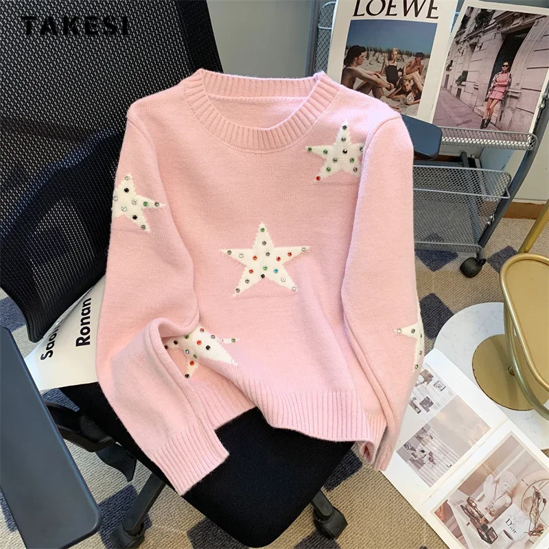 

Sweet Casual Y2K Knitting Long Sleeve Pullovers 2023 Winter Women Stars Print Jumpers Beading Round Neck Ladies Pink Sweater