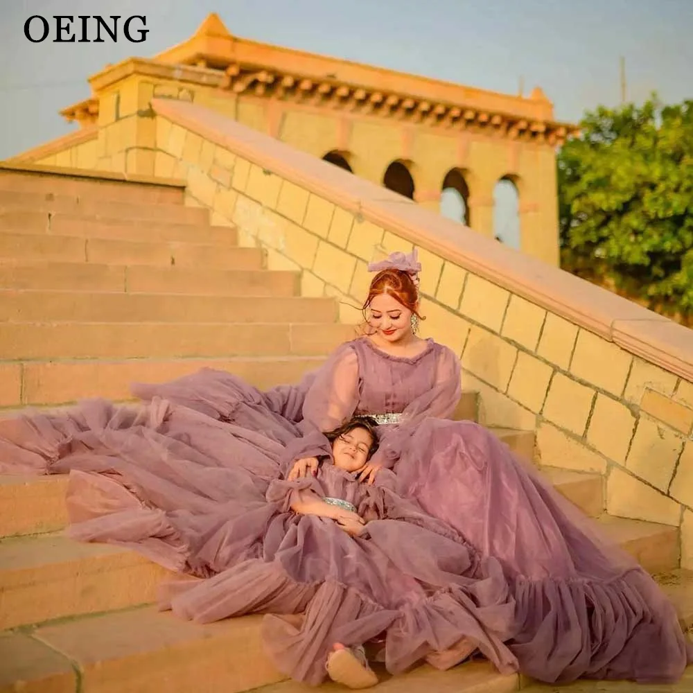 OEING Simple Purple Mother And Daughter Tulle Prom Dress For Photo Shoot Dubai Arabia Long Mother And Kids Party Night Gowns