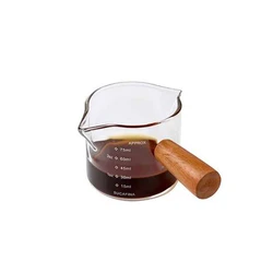 Glass Measuring Cup with Wooden Handle - Espresso and Milk Coffee Mug - 75ml (Double mouth)